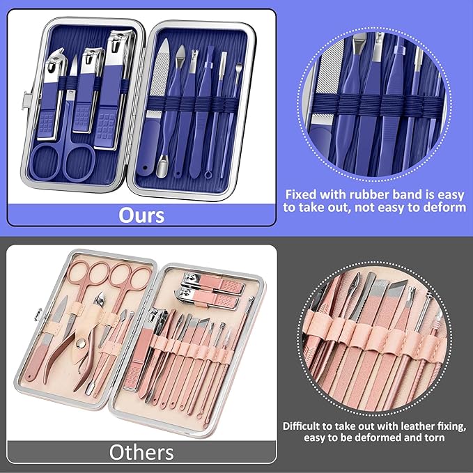 BLESWIN Manicure Set, 10 in 1 Professional Manicure and Pedicure Kit, Nail Care Kit for Women, Mens Nail Grooming Kit, Portable Nail Clipper Set Blue Leather Case for Travel Home