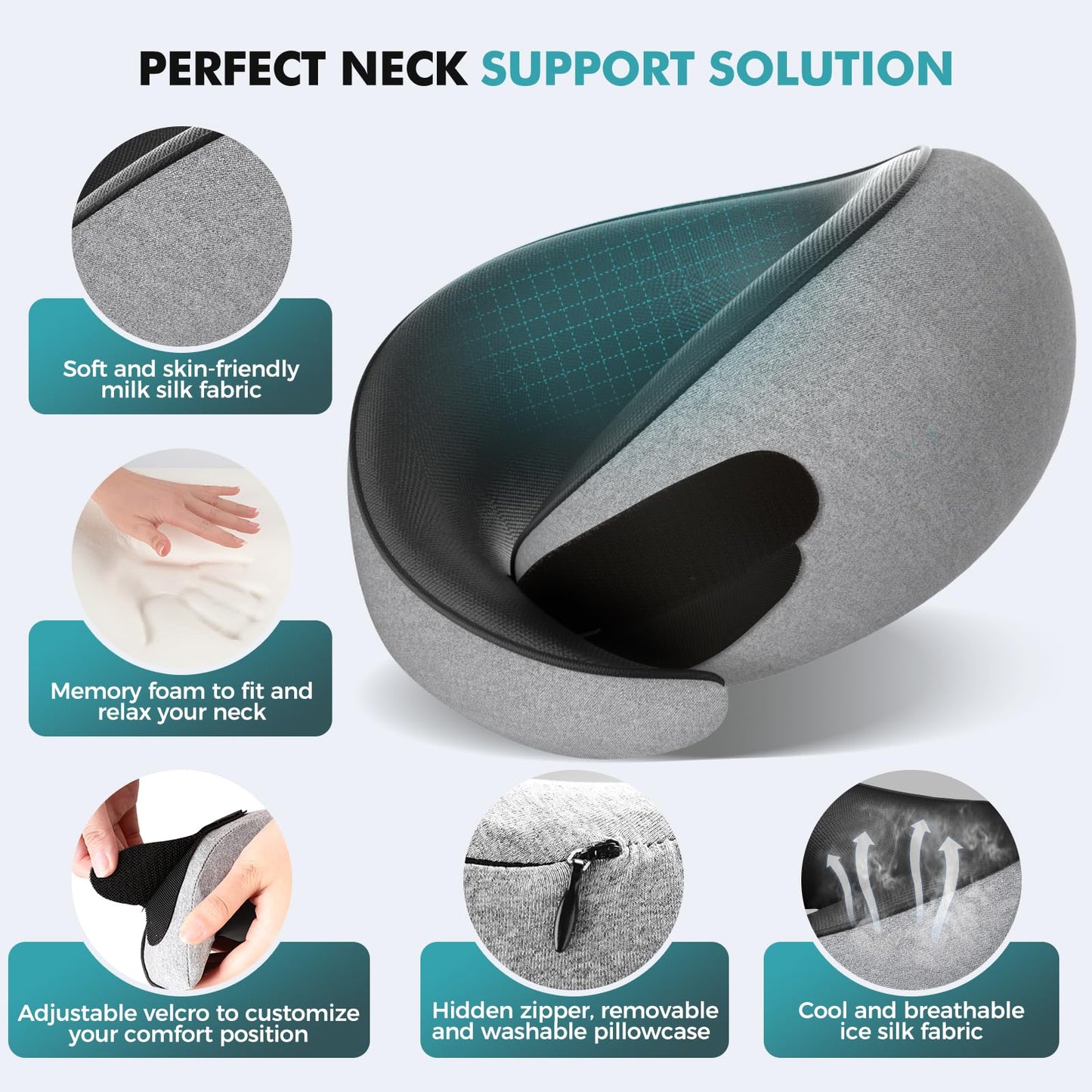 FIOGIKO Travel Neck Pillows for Airplanes - 360° Ergonomic Memory Foam Travel Pillow - Relief Neck Pain with Breathable Support for Long Flights, Car, Train & Office Use - Adults & Kids