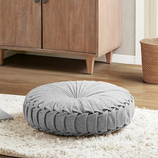 Intelligent Design Loretta Round Chenille Tufted Floor Pillow with Elegant Pleated Design, Large Boho & Vintage Decorative Throw Pillow for Sofa, Bed, or Chair, 22" x 6", Grey