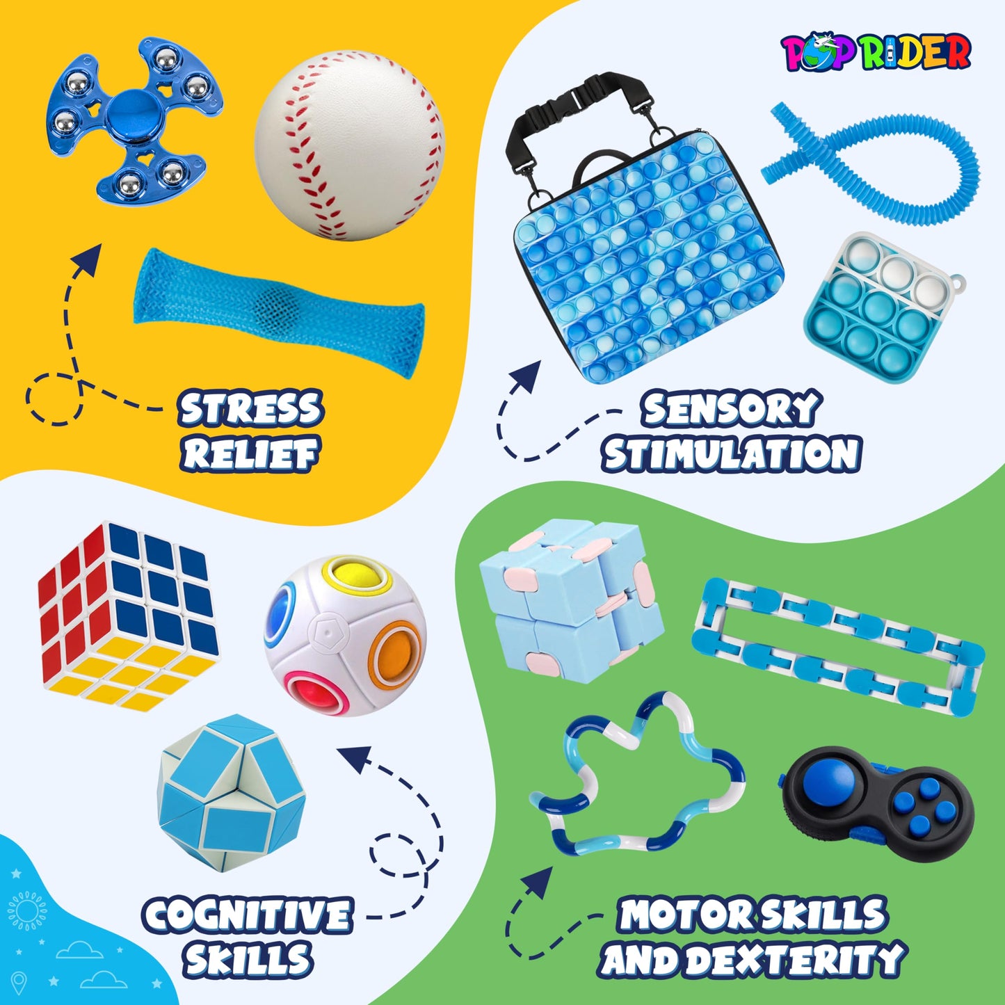POPRIDER Travel Fidget Case Set with 12 Fidget Toys, Road Trip Activities for Kids, Airplane Must Haves for Kids, Sensory Toys, Car Travel Essentials for Long Trips (Blue)