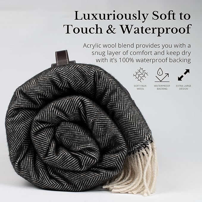 Komorebi Extra Large Picnic Blanket - 78” x 59” – Waterproof Outdoor Blanket, Foldable & Portable Sandproof Beach Blanket – Grey Travel Mat with Faux Wool & Carry Handle