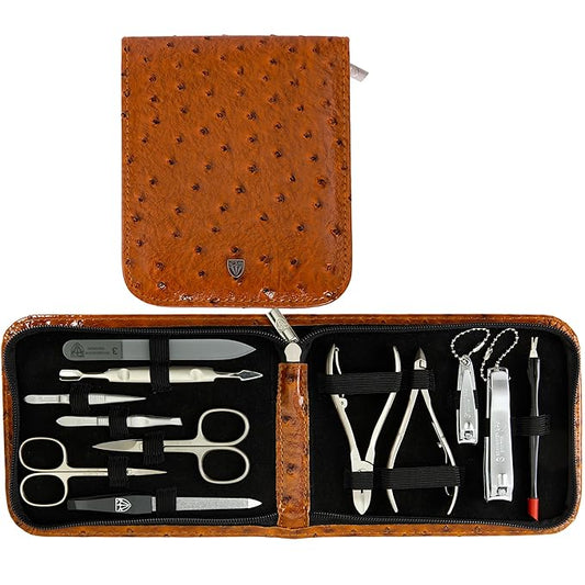 3 Swords Germany - brand quality 12 piece manicure pedicure grooming kit set for professional finger & toe nail care with cognac synthetic leather case - Made in Germany