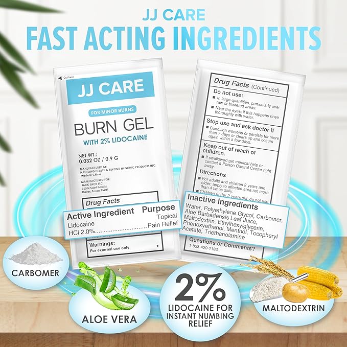 JJ CARE Burn Gel (Pack of 160), Soothing Burn Gel Packets for Minor Burns, First Aid Jel & Sunburn Relief Individual Packets with Lidocaine and Aloe Vera (0.9 Grams per Packet)