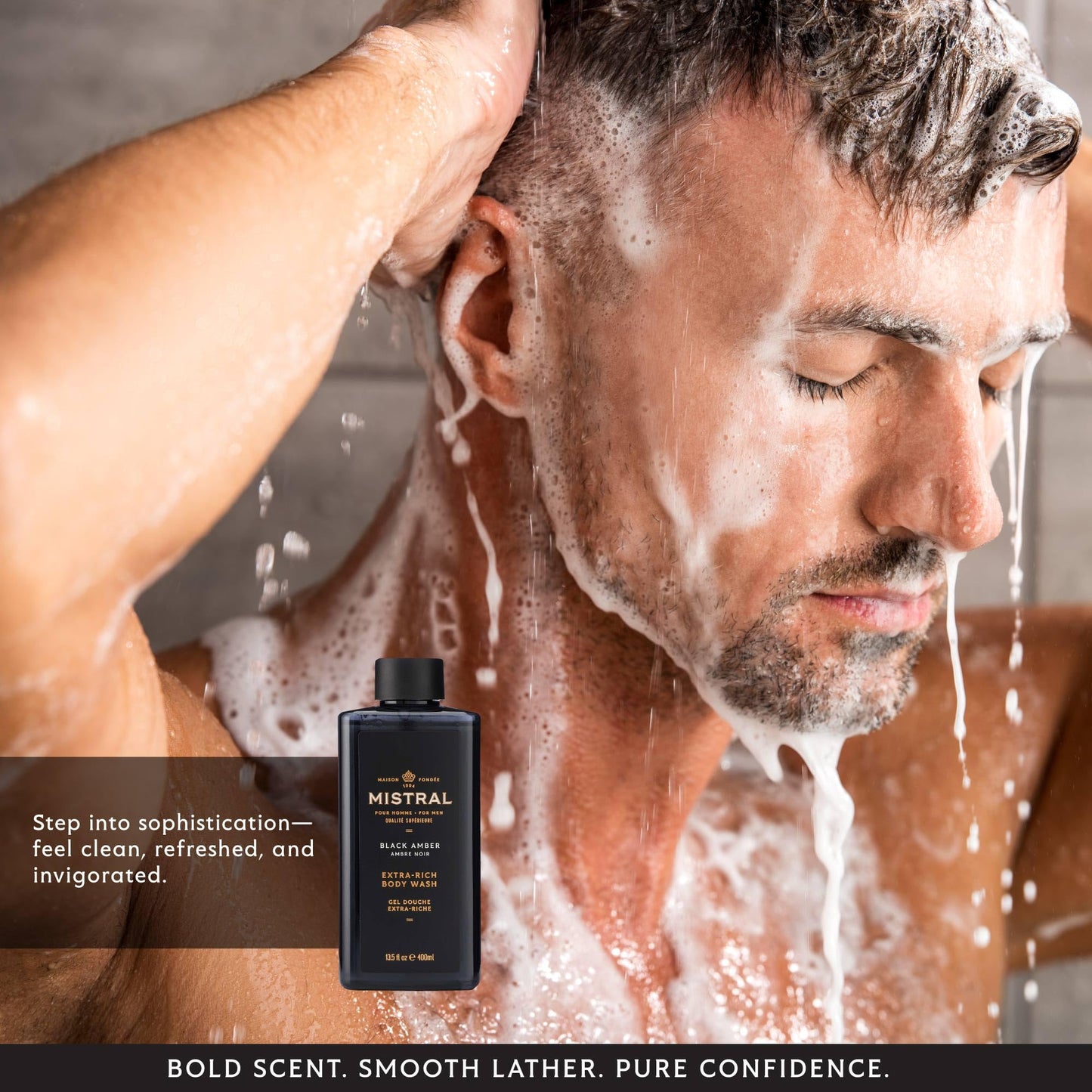 Mistral Men's Body Wash & Shampoo, Black Amber 13.5 oz | 2-in-1 Natural Shower Gel for Men | SLS, Paraben & Phthalate Free | Natural Men’s Body Wash, Moisturizing Bath Gel - Made in France