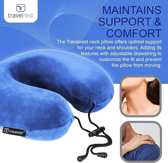TRAVELREST Travel Essential Neck Pillow Curl - Memory Foam, Washable Micro-Fiber Cover, Soft and Comfortable Head Support for Long Flights, Compact, Attaches to Luggage, Airplanes, Cars, Bus - Blue