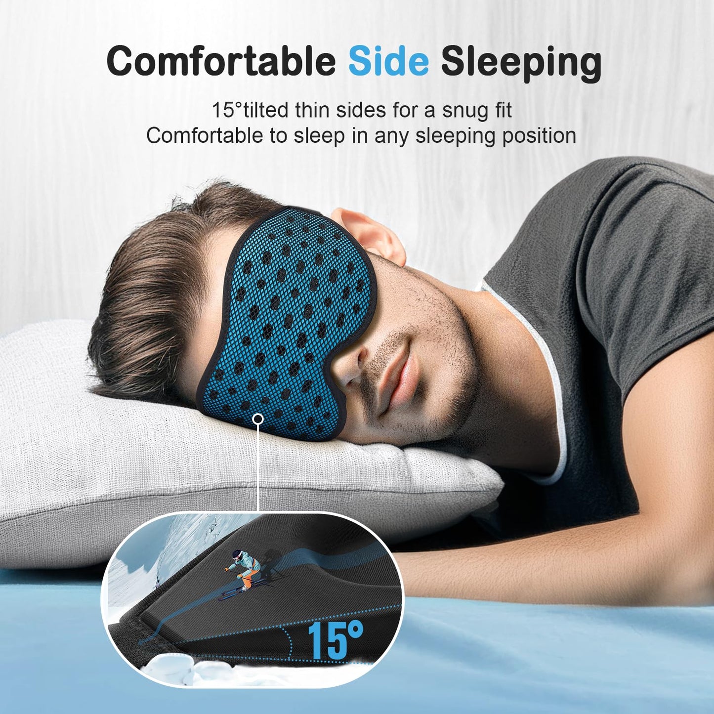 LitBear Breathable Sleep Mask, 3D Eye Mak Sleep for Side Sleepers Women Men, Light Blocking Sleeping Mask with Adjustable Strap, Soft Lightweight Eye Cover for Travel, Night Work, Nap, Office - Blue