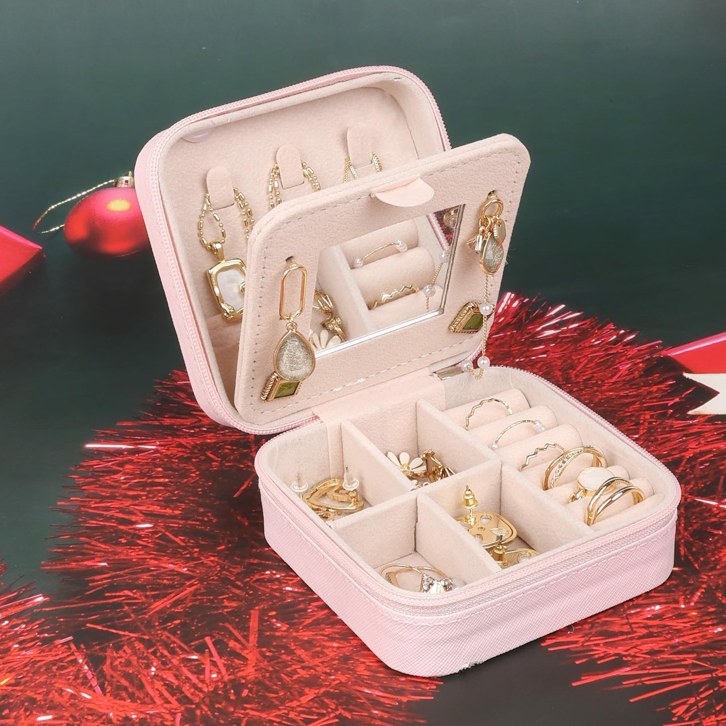 Travel Jewelry Case and Organizer with Mirror,Travel Jewelry Box Organizer Holder Stocking Stuffers,Pink,1 Pack