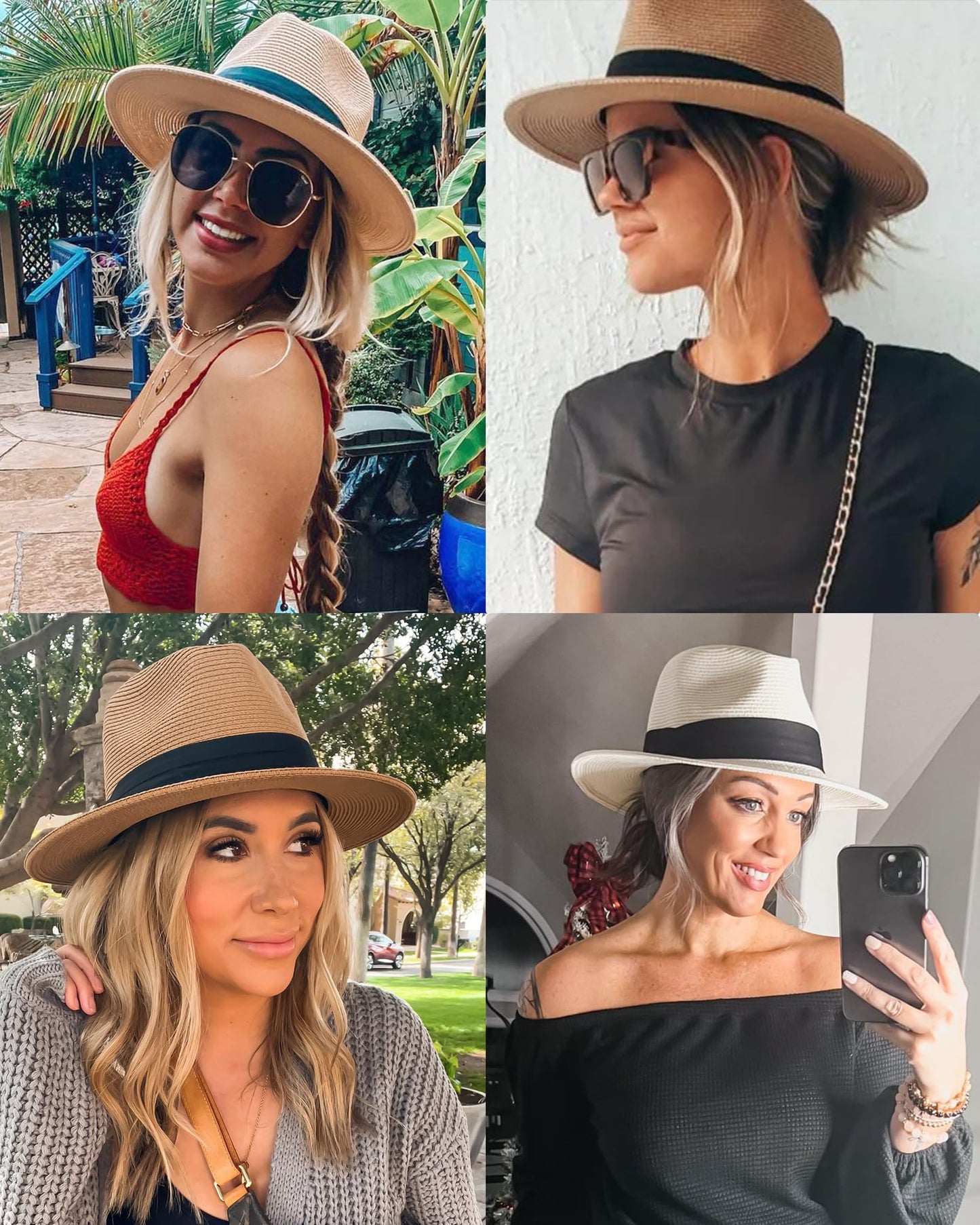 FURTALK Womens Mens Wide Brim Straw Panama Hat Fedora Summer Beach Sun Hats UPF Straw Hat for Women Khaki