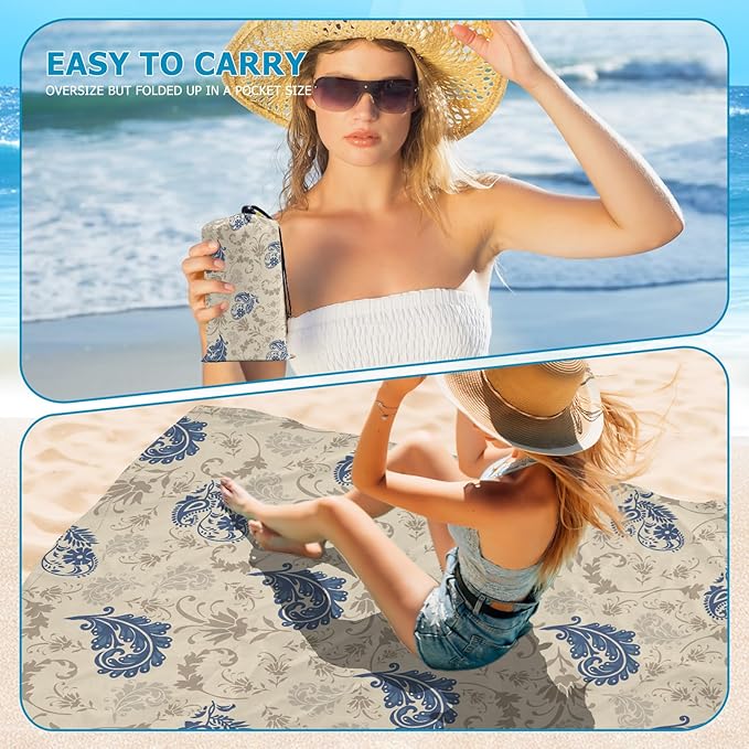 Beach Blanket Waterproof Sandproof, Bohemian Oversized Extra Large Picnic Mat 83"×95"/8 × 7 FT for 1-7 Adults for Travel Camping Hiking, Quick Drying Lightweight Beach Vacation Essentials