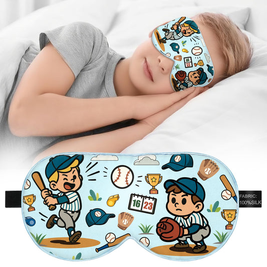 Kids Silk Sleep Mask – 100% Mulberry Silk Eye Cover, Kid Eye Mask with Adjustable Strap, Soft & Breathable Blackout Sleeping Mask for Boys and Girls Ages 5-15 (Baseball Style)