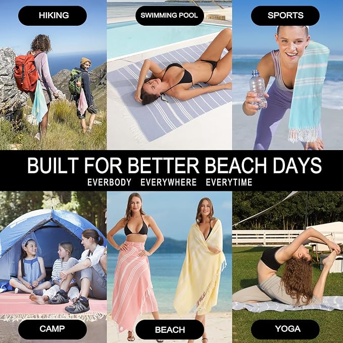 2 Packs Turkish Beach Towels Sand Free Quick Dry Oversized Bath Pool Swim Towel Extra Large XL Big Blanket Adult Travel Essentials Cruise Accessories Must Haves Clearance Vacation Stuff