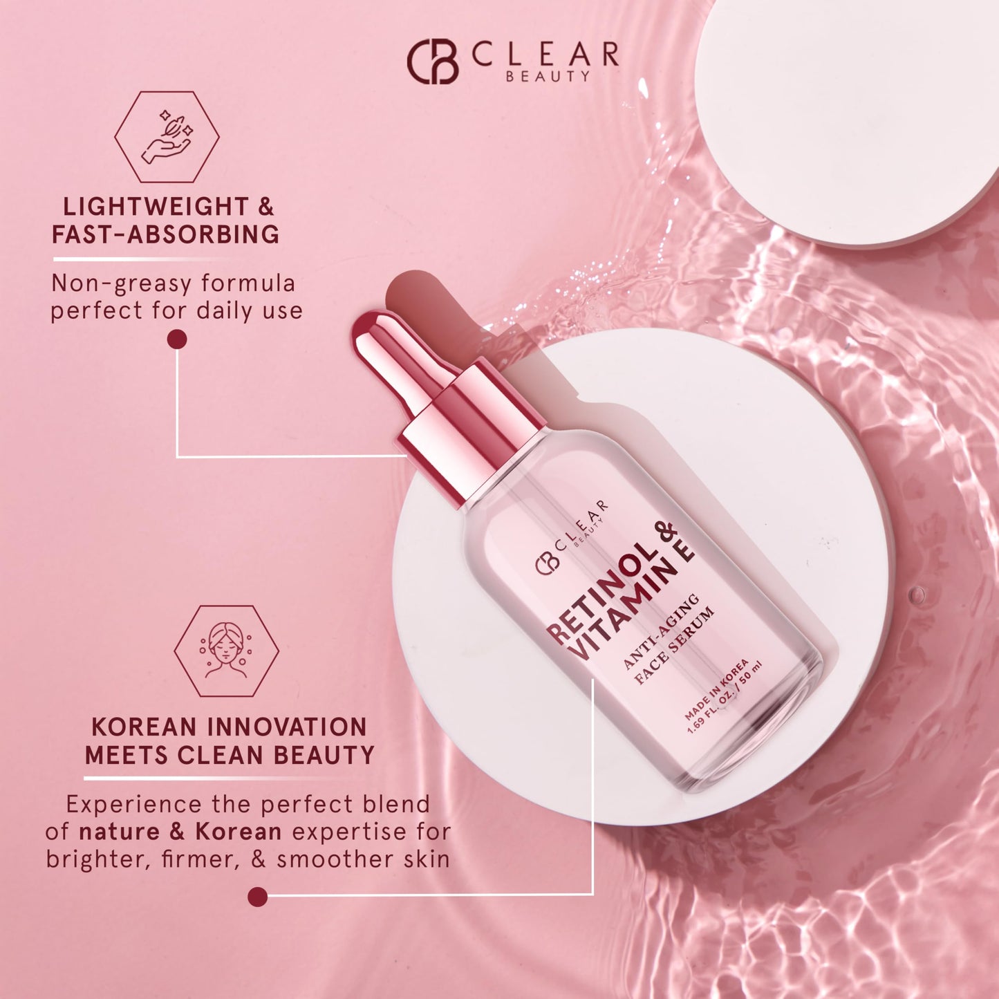 Clear Beauty Retinol & Vitamin E Facial Serum – Dermatologist-Tested, Anti-Aging, Hydrating & Revitalizing Korean Skincare – Vegan, Clean Beauty, Cruelty-Free, Sulfate-Free, Non-GMO – 1.69 fl. oz.