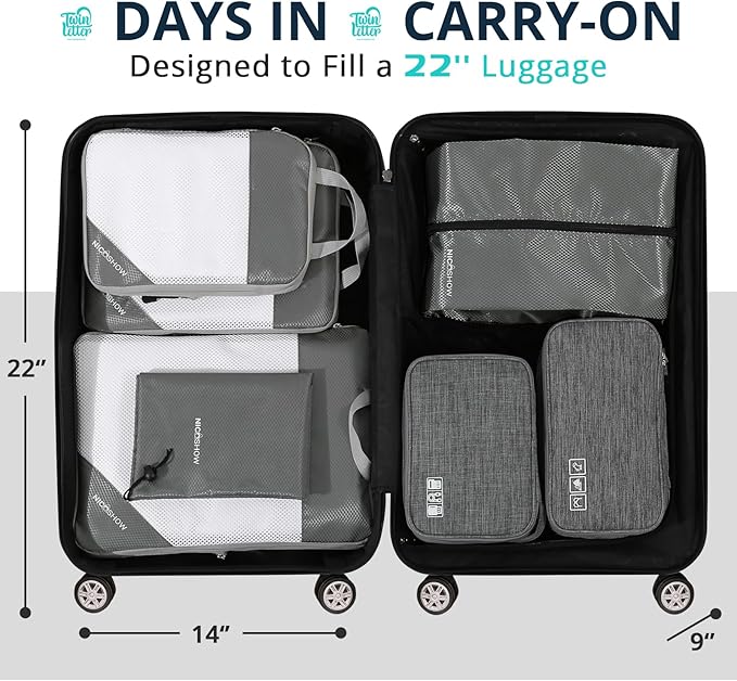 7 Set Compression Packing Cubes for Travel - Compressible, Lightweight, and Space-Saving Packing Cubes, Travel Essentials for Women, Grey