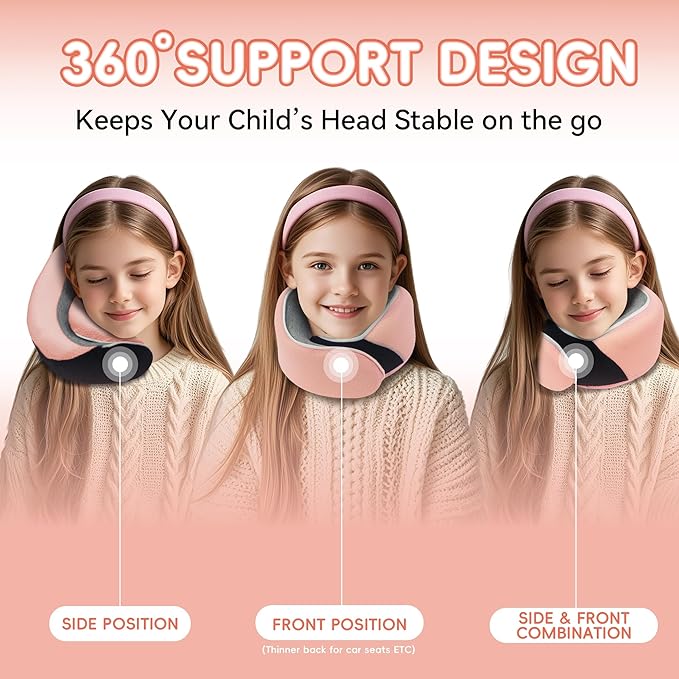 Junior Kids Travel Neck Pillow - Ergonomic Memory Foam Pillow for Airplane, Car, Booster Seat - Soft, Washable, Compact Travel Pillow with Strap - Light Pink - Ages 4-13