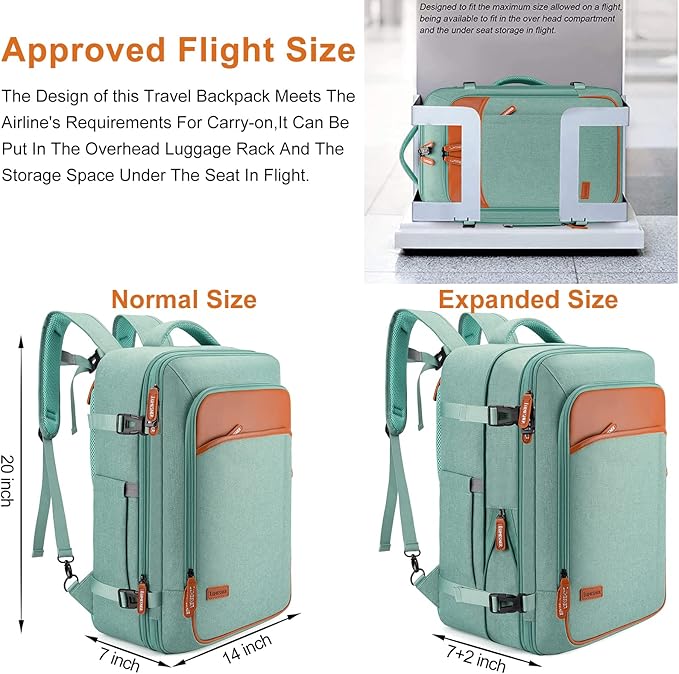 Carry on Travel Backpacks, Extra Large 40L Flight Approved Bag for Men & Women,Expandable Suitcase Backpack With 4 Packing Cubes,Water Resistant Luggage Daypack Business Weekender Bag,Green