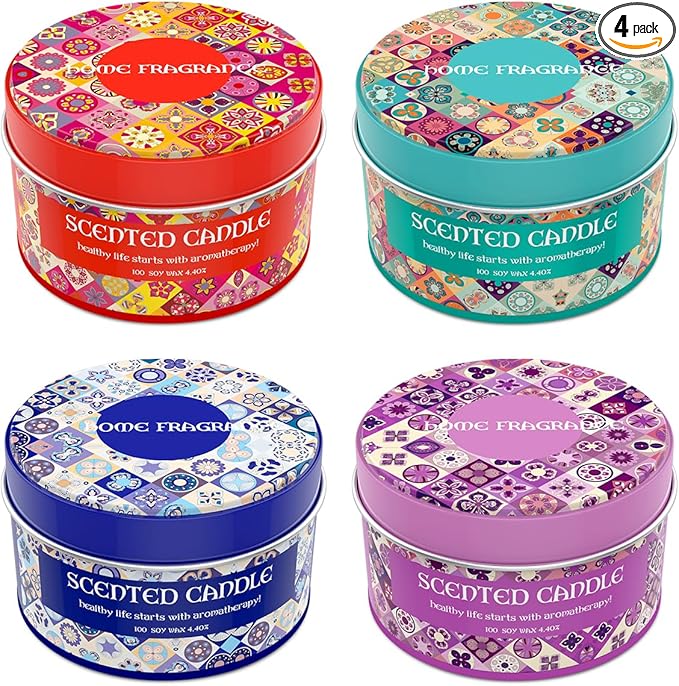 Set of 4 Lavender&Juniper, Fig, Clove and Cherry Scented Candles Gift Set for Christmas Women, Small 4.4oz Decorative Natural Soy Wax Aromatherapy Candles with Lids in Flower Tins for Home Decoration