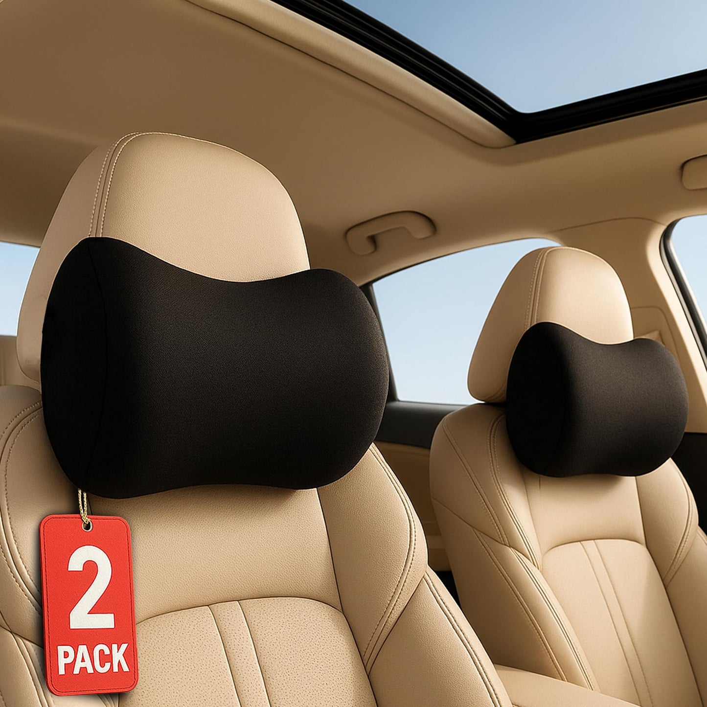2 Pack Car Neck Pillow, 100% Memory Foam Car Headrest Pillow for Neck Support, Breathable Removable Cover & Adjustable Strap, Ergonomic Design for Driving Comfort, Neck Pain Relief, Travel