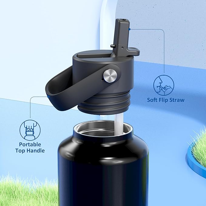 24 oz Water Bottle with Handle for Men: Spill Proof Lid with Straw, Flex Cap, Cold for 24 Hrs, Hot for 10 hrs, Vacuum Stainless Steel Thermos for Walking, Hiking, Travel, Sport, Gym (Twilight Night)