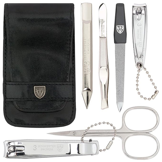 3 Swords Germany - brand quality 6 piece manicure pedicure grooming kit set for professional nail care with black synthetic leather case - Made in Germany