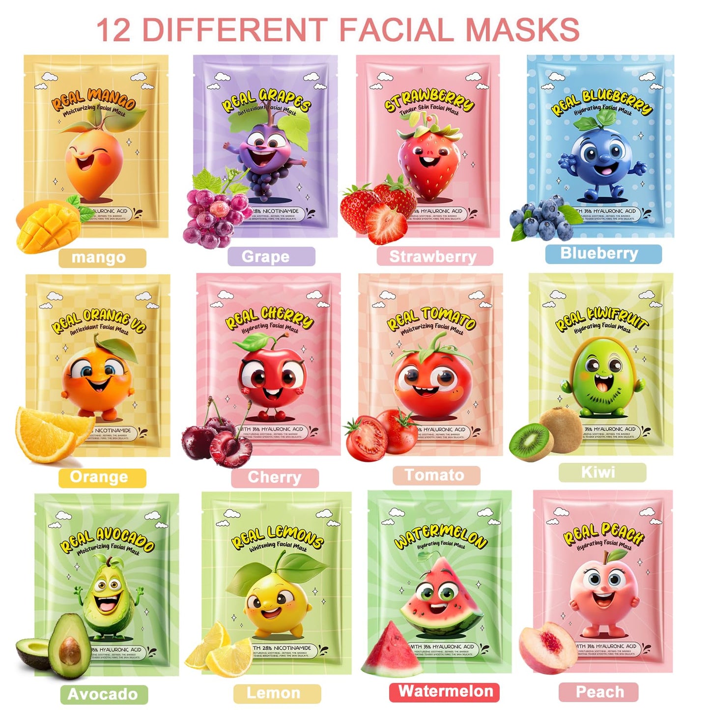 12 Pack Fruit Face Mask for Kids, Stocking Stuffers, Skin Care for Kids, Moisturizing Face Masks Skin Care, Facial Mask Bulk, Kid Party Favors, Christmas Gifts, Slumber Party Supplies for Girls