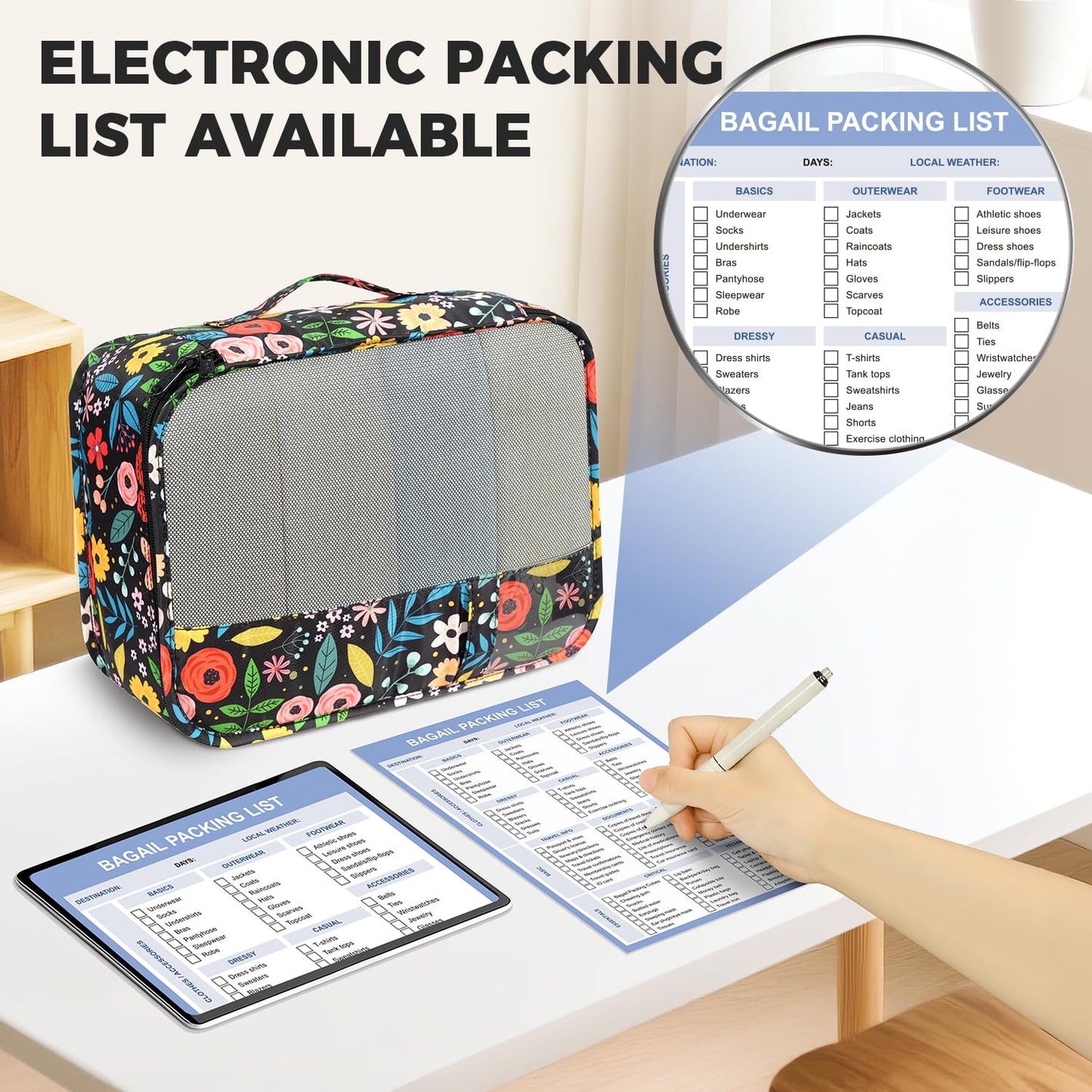 BAGAIL 9 Set Packing Cubes Luggage Packing Organizers for Travel Accessories (Black floral)