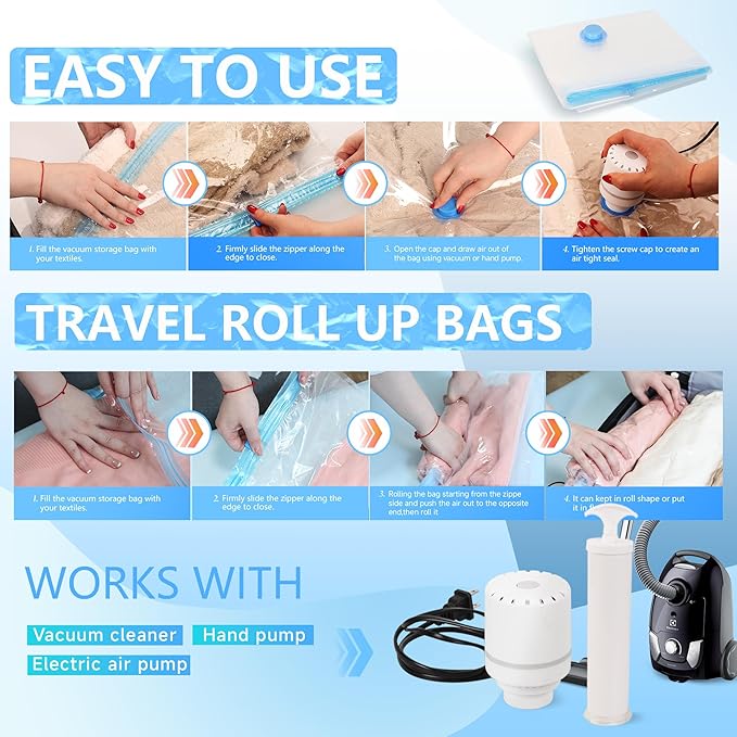 30 Pack Vacuum Storage Bags with Electric Air Pump, Space Saver Bags (4 Jumbo/4 Large/6 Medium/6 Small/5 Roll M/5 Roll S) Vacuum Sealer Bags for Clothes, Blanket, Duvets, Pillows, Comforters, Travel