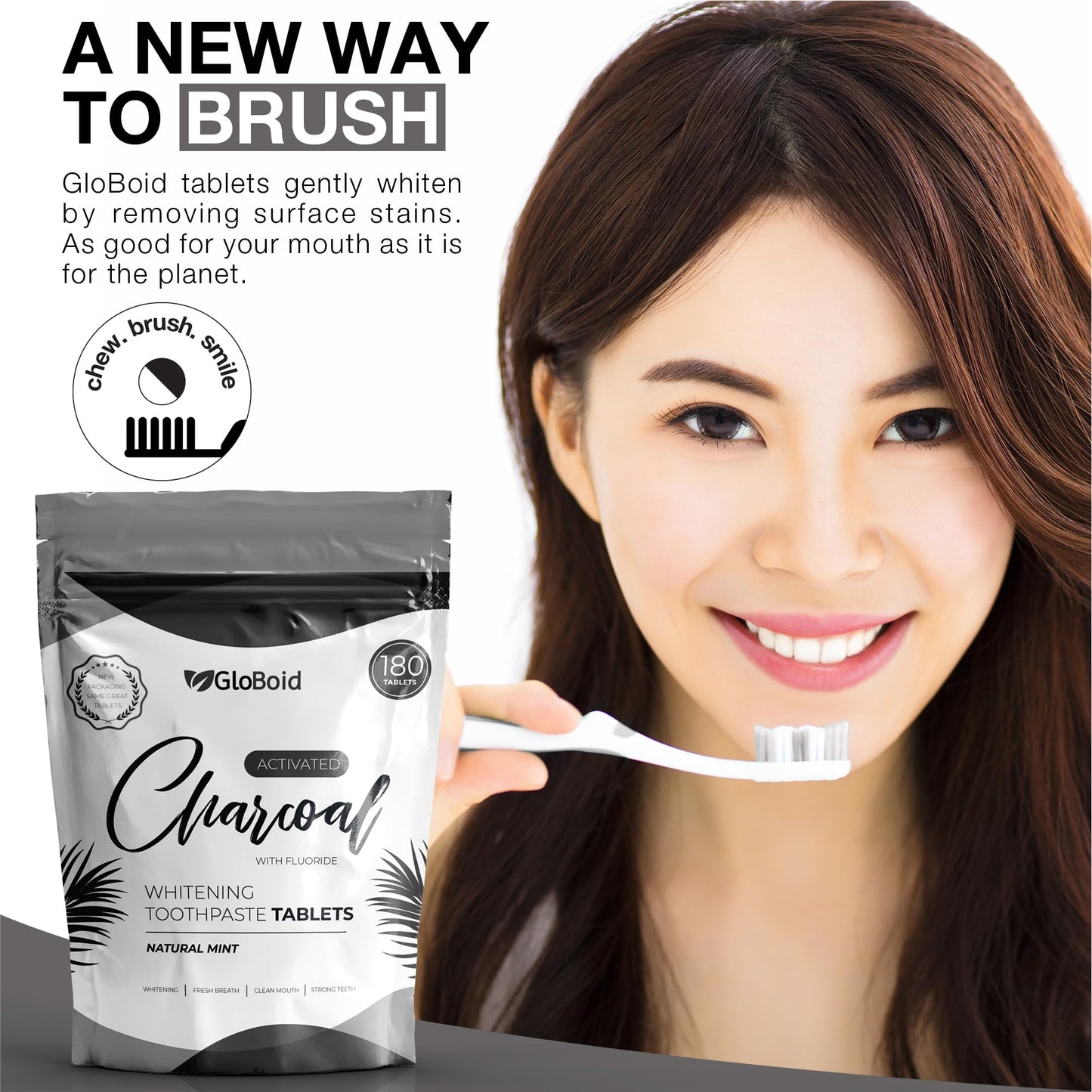 GloBoid Charcoal Toothpaste Tablets with Fluoride Three Month Refill, Zero Waste, Eco Friendly & Plastic Free Toothpaste Tabs, Toothpaste Bites for Travel