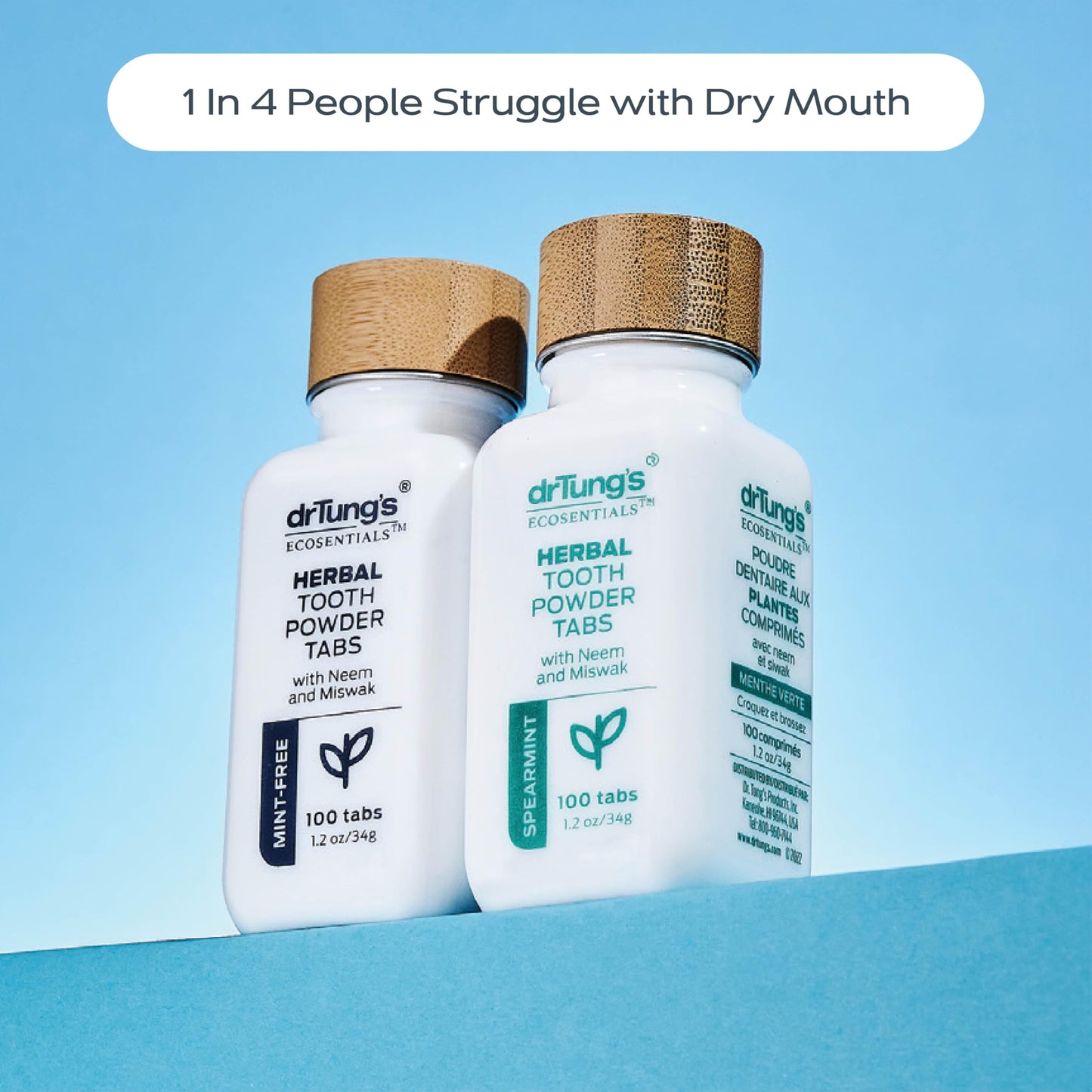 drTung's Herbal Toothpaste Tablets - Toothpaste Tabs for Dry Mouth Relief, Natural Tooth Powder Tablets for Fresh Breath, Fluoride Free, Travel Size, Vegan, Non-GMO - Spearmint (100 Tabs)