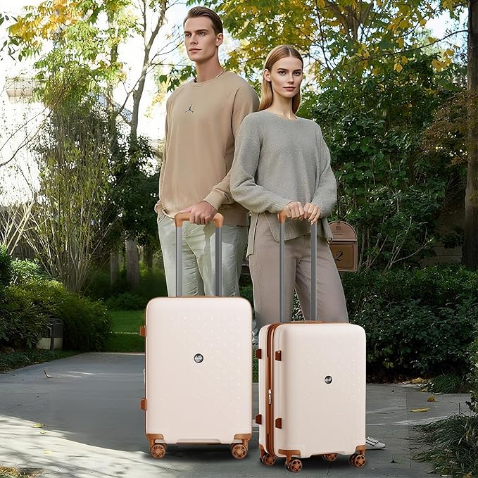 Kono 20 Inch Expandable Hard-Shell Suitcase, Ideal For Short Trips, Durable PP Material, With 360° Spinner Wheels & TSA Lock, White/Brown