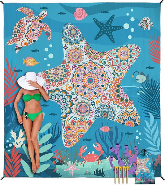 Beach Blanket Waterproof Sandproof, Bohemian Starfish Oversized Extra Large Beach Mat 83"×95"/8 × 7 FT for 1-7 Adults for Picnic Travel Camping Hiking, Quick Drying Lightweight Vacation Essentials