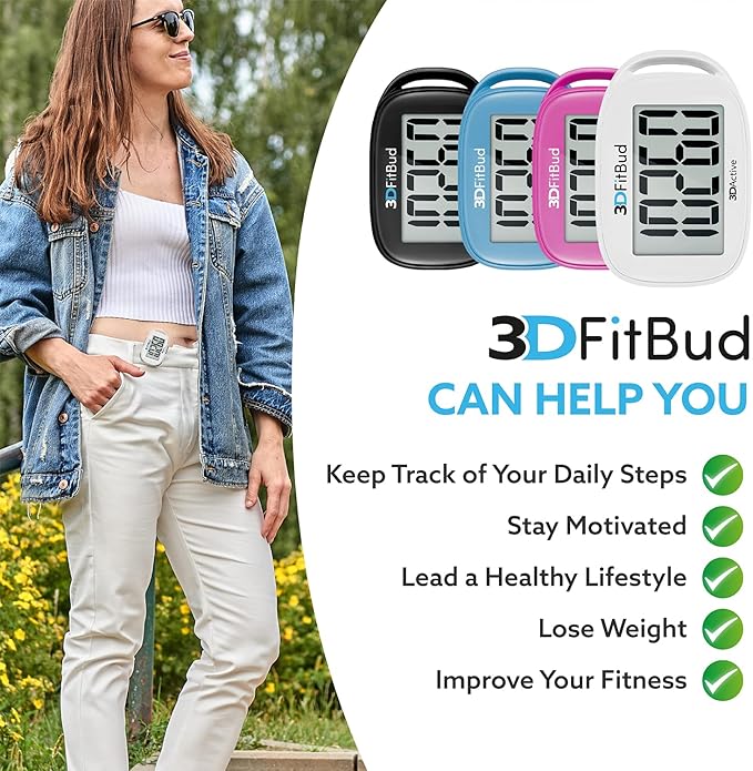 3DFitBud Simple Step Counter Walking 3D Pedometer by 3DActive with Clip, Lanyard Accurate Fitness Tracker for Men, Women & Elderly Daily Exercise - A420S