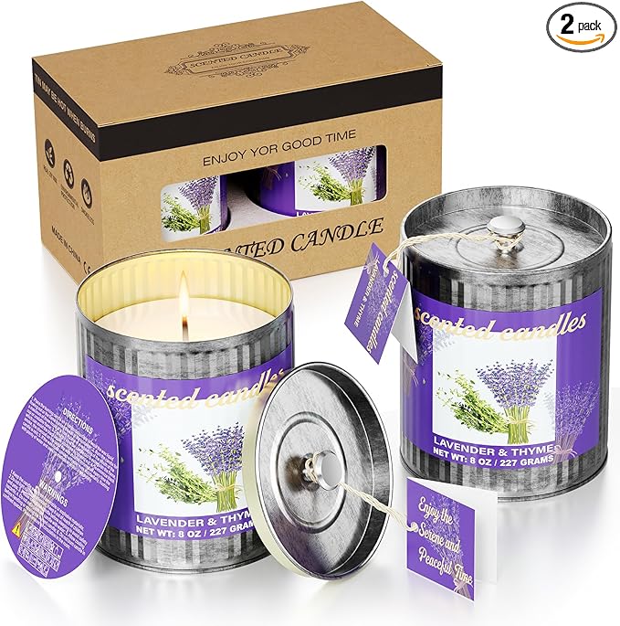 Lavender & Thyme Scented Candles Set | 2-Pack 454g 60H Burn Time,Smokeless Pure Soy Wax | Aromatherapy Tin Jar Candles for Stress Relief & Sleep Aid | Beautiful Gifts for Men and Women/Fathar's Day