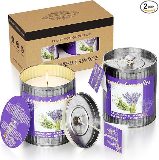 Lavender & Thyme Scented Candles Set | 2-Pack 454g 60H Burn Time,Smokeless Pure Soy Wax | Aromatherapy Tin Jar Candles for Stress Relief & Sleep Aid | Beautiful Gifts for Men and Women/Fathar's Day
