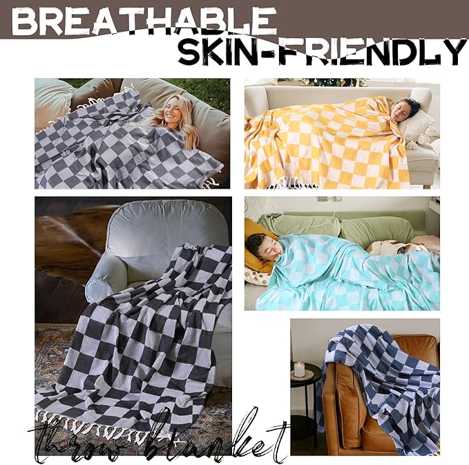 Breathable Bedspread Woven Blanket Extra Large Lightweight Soft Cooling Hot Sleeper Throw Tween Queen Full Size Quilt Thin Comforter Summer Ice Cold Sheet Bed Decor Bedroom Decorative Checkered Grey