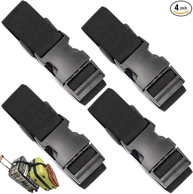 4Pack Luggage Straps Add Bag Luggage Straps to Connect Two Suitcases, Adjustable Luggage Belt Connector for Carry On, Travel Attachment Accessories for Connect Your 3 Luggages, Black