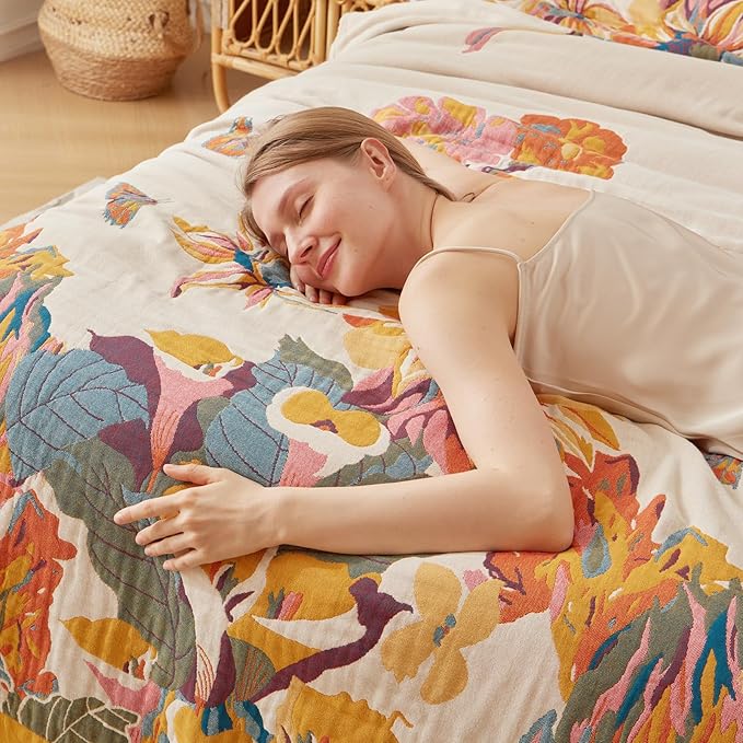 Boho Throw Blanket for Couch 100% Cotton Ultra Soft Rustic Quilt Butterfly and Floral Double Embroidery Fall Throw Blanket,50" x 60" All Season Throws for Sofa Chair