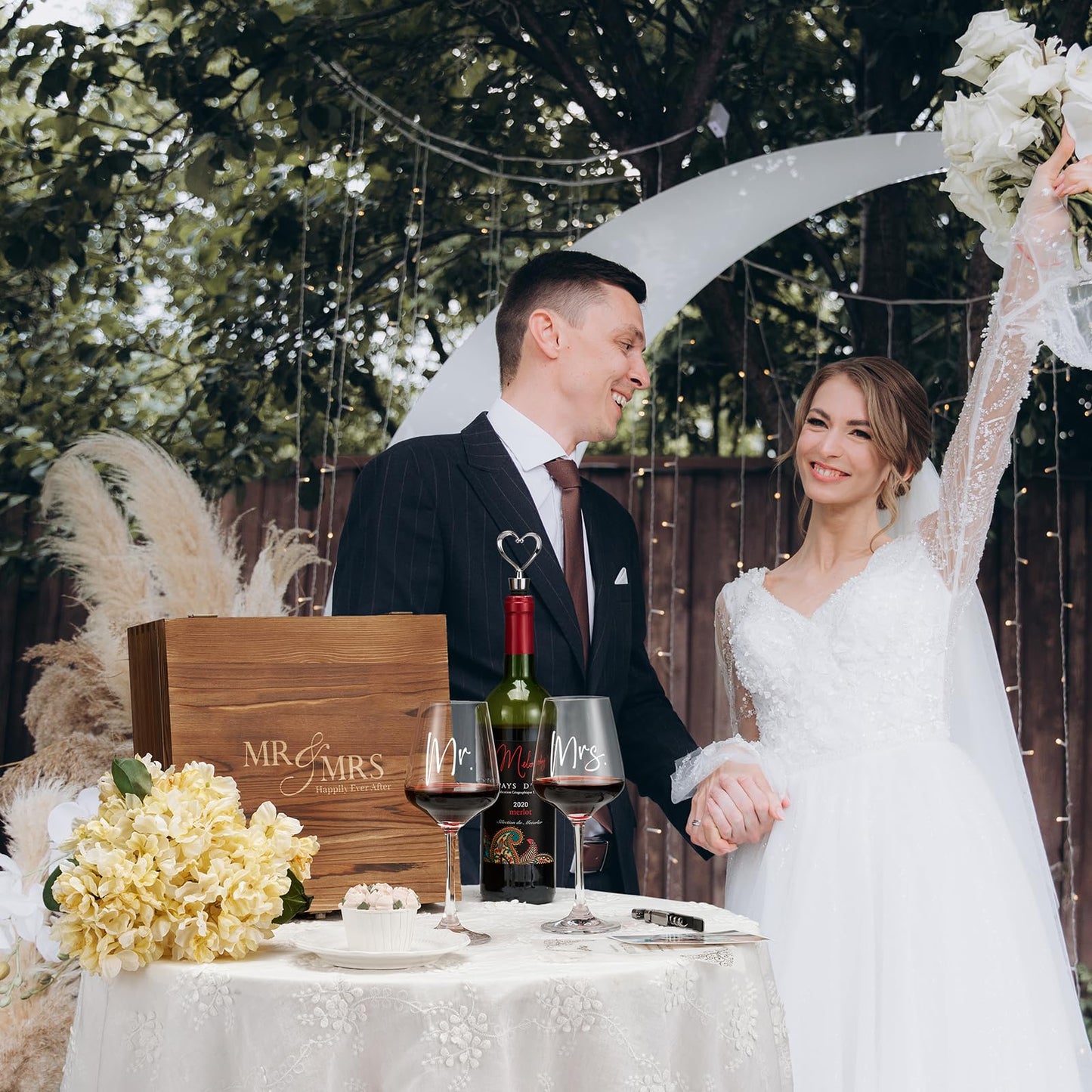 AW BRIDAL Mr Mrs Wine Glasses Set Wedding Gifts for Couples, Engagement Gift for Bride and Groom Newlyweds, Bridal Shower Gifts with Wine Opener Stopper and Engraved Wooden Keepsake Box