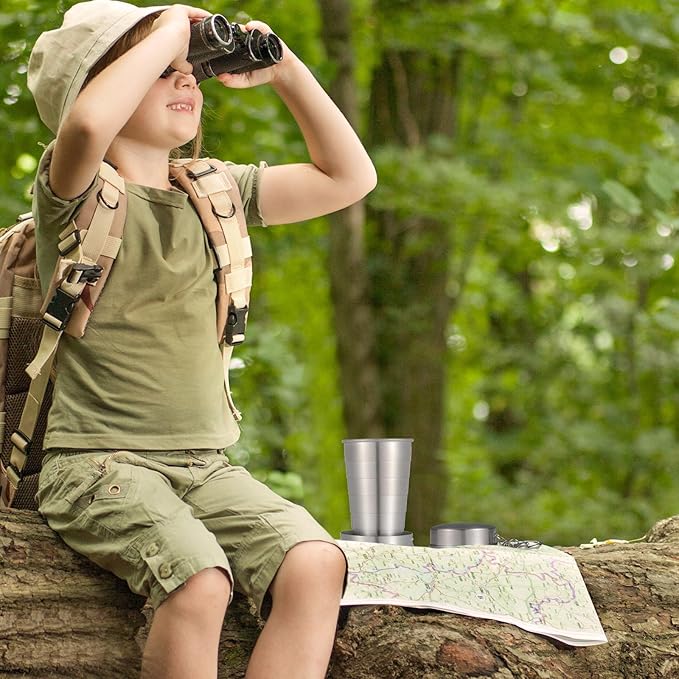 10 Pieces Collapsible Shot Glasses Stainless Steel Collapsible Cup Reusable Portable Travel Folding Cup with Lid and Keychain for Camping Hiking Cycling(8.5 oz)