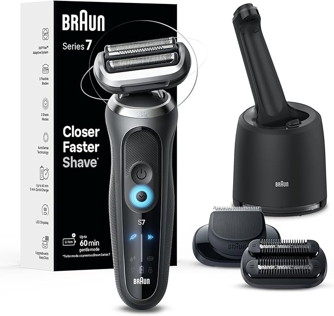 Braun Electric Shaver for Men, Series 7 7185cc, Waterproof, Wet & Dry Shave, Shaving Kit with SmartCare Center and Beard Trimmer, 3 Shave Modes, 60 Minute Battery Runtime, 10 Piece Set