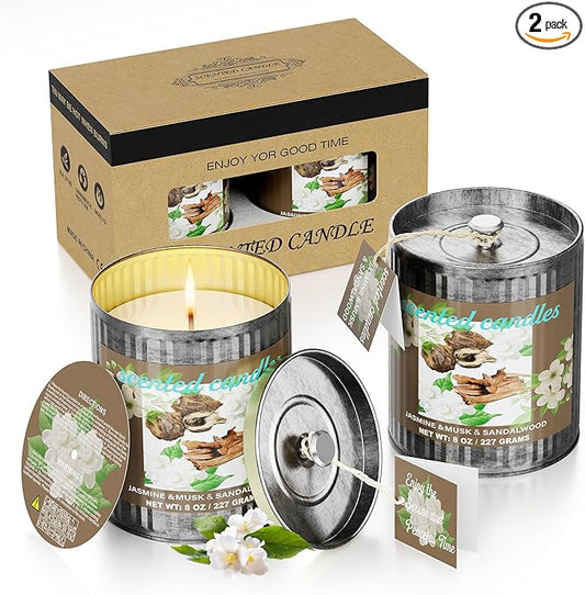 Jasmine&Musk&Sandalwood Scented Candle Set | 2Pack 16oz 80H Burn Time,8% Essential Oils | Smoke-Free Pure Soy Wax | Aromatherapy for Relaxing,Yoga Meditation Spa,Gift Set for Men/Women/Father's Day