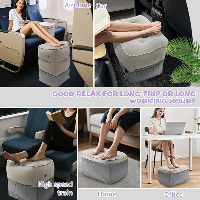 Inflatable Foot Rest for Under Desk at Work, Travel Footrest Pillow for Long Airplane Flights-Adjustable Blow Up Leg Rest Outdoor Foot Stools Ottoman, Seat Extender