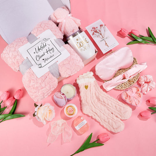 LuckyBundle Birthday Gifts for Women - Luxury Self Care Gift Basket for Her, Mom, Sister, Bestied Coworker - Unique Spa Care Package with Flannel Blanket - Ideal for Mother's Day, Get Well Soon