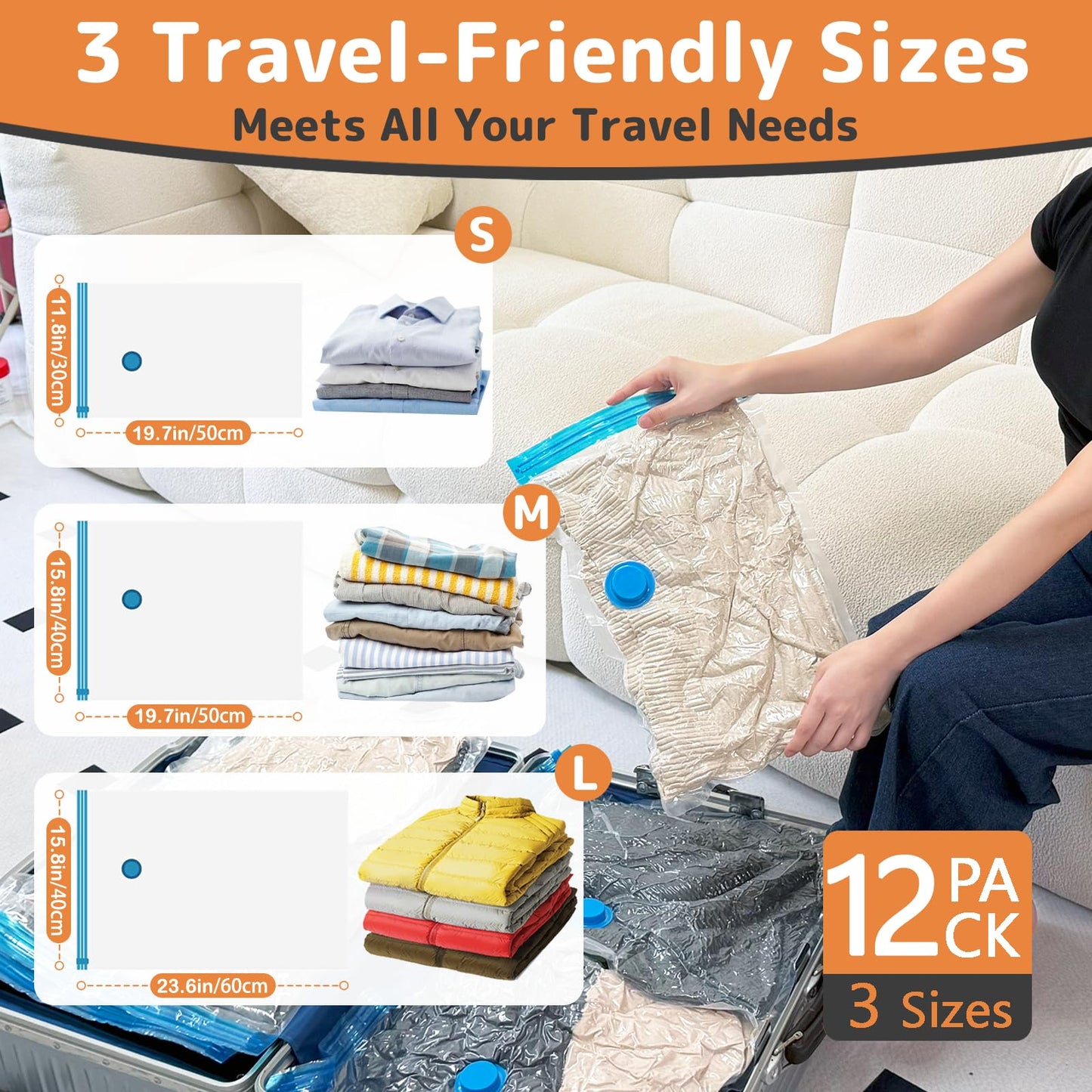 12 Pack Vacuum Bags for Travel with Rechargeable Air Pump, Carry-On Compression Bags for Luggage and Suitcase, Space Saver Storage for Clothing and Travel Organization