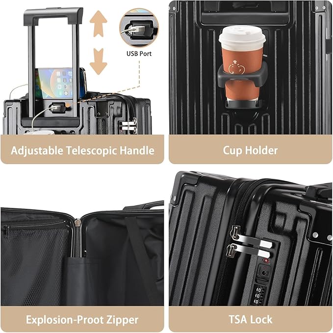 20 Inch Carry On Luggage With Cup Holder & USB Port, Airline Approved TSA-locked Luggage, Lightweight PC Material Travel Suitcase With 360° Spinner Wheel (20in-Black, 20in)