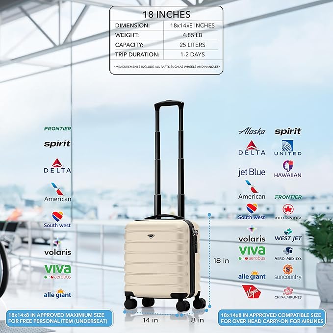 Carry On Suitcase Hardside Built In TSA Lock & USB Port Silent Double Spinner Wheels Maximum Underseat Carry-On Bag For American & United Approved Airlines( 18x14x8" ,Cream/Black )