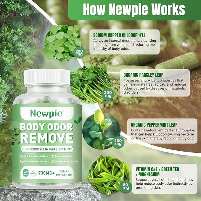 Body Deodorizing Supplement, Chlorophyll Capsules for Skin Body Odor, Fresh Breath & Gut Odor Control for Men & Women | Vegan with Parsley Leaf Green Tea, Gluten Free, 60 Capsules (2)