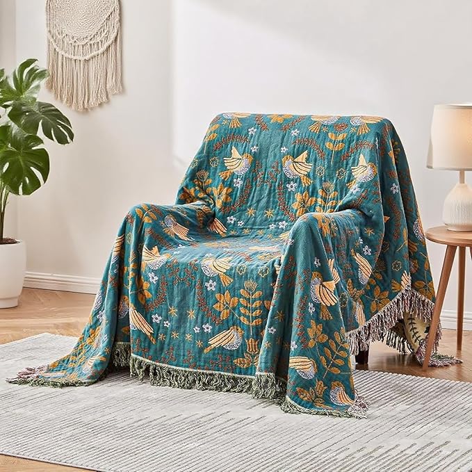 Boho Throw Blankets 100% Cotton Fall Throw Blanket for Bed Couch 90"x98", Reversible and Soft Mexican Blankets Lightweight Muslin Blankets Farmhouse Warm Throws Gifts for Women Mom
