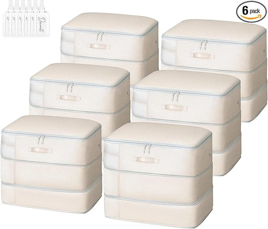 Comforter Storage Bag - Large Capacity Blanket Storage Bags 3-Layer Ultra Space Saving Self Compression Organizer, Washable Compression Bags for Storage Comforter Blanket, 6-Pack, Beige