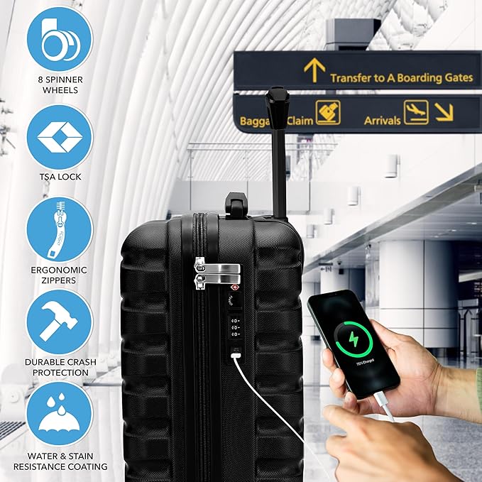 Carry On Suitcase Hardside TSA Lock & USB Port Silent Double Spinner Wheels Maximum Underseat Carry-On Bag For Virgin & South West Approved Airlines( 16.25x13.5x8" ,Black )