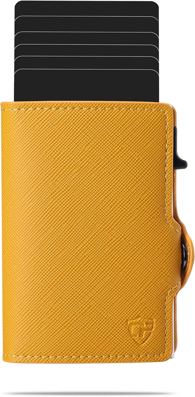 Card Blocr Womens Slim Wallet for Small Purses, Pop Up Wallet with Anti Theft RFID Blocking Credit Card Holder for Women in Orange PU Saffiano Leather